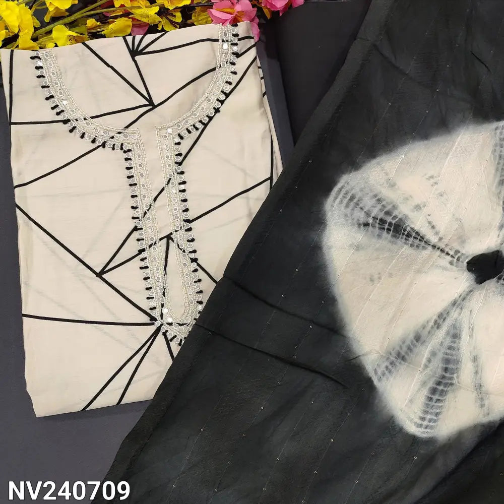 CODE NV240709: Light beige digital abstract printed silk cotton unstitched salwar material thread& faux mirror work