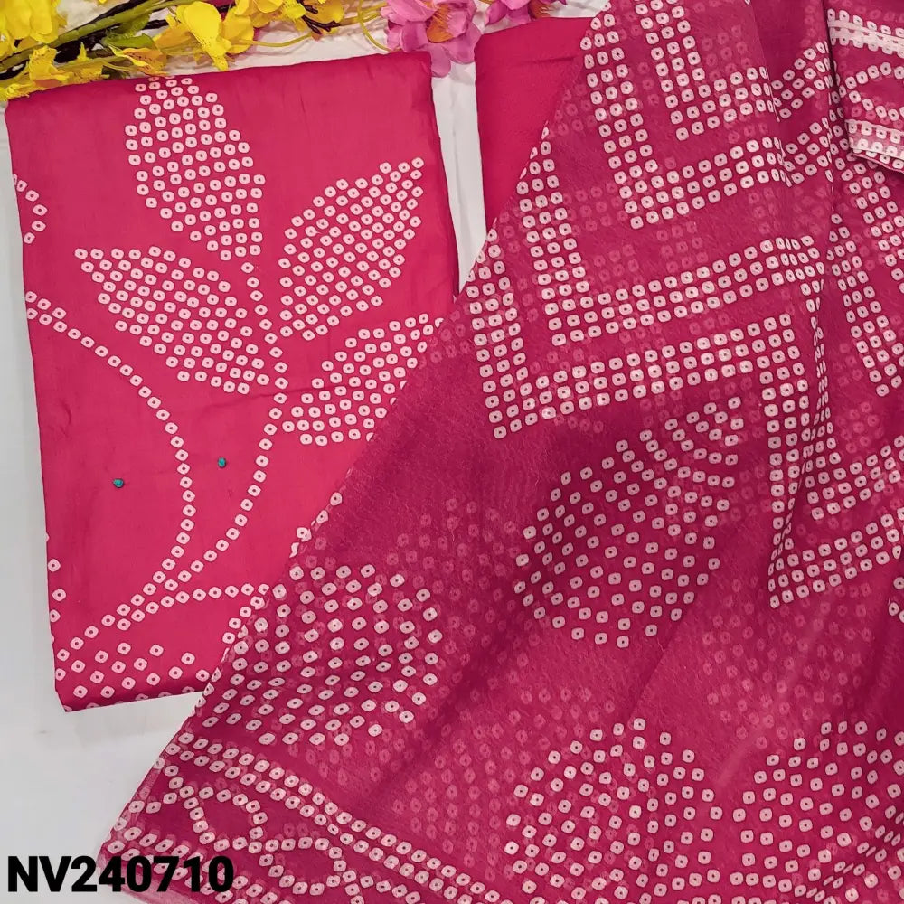 CODE NV240710: Dark pink bandhini printed satin cotton unstitched salwar material thread& sequins work on yoke(lining