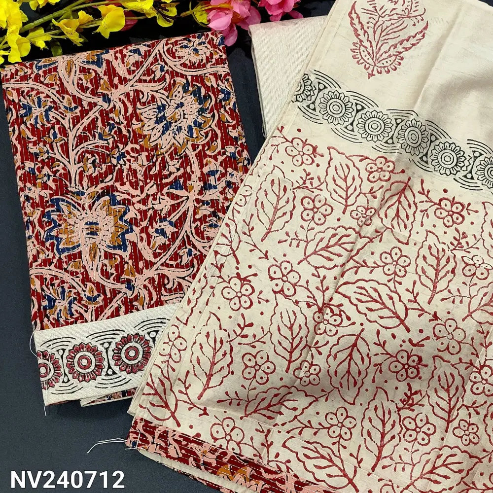 CODE NV240712: Reddish maroon base kalamkari printed kantha cotton unstitched salwar material(lining optional)block