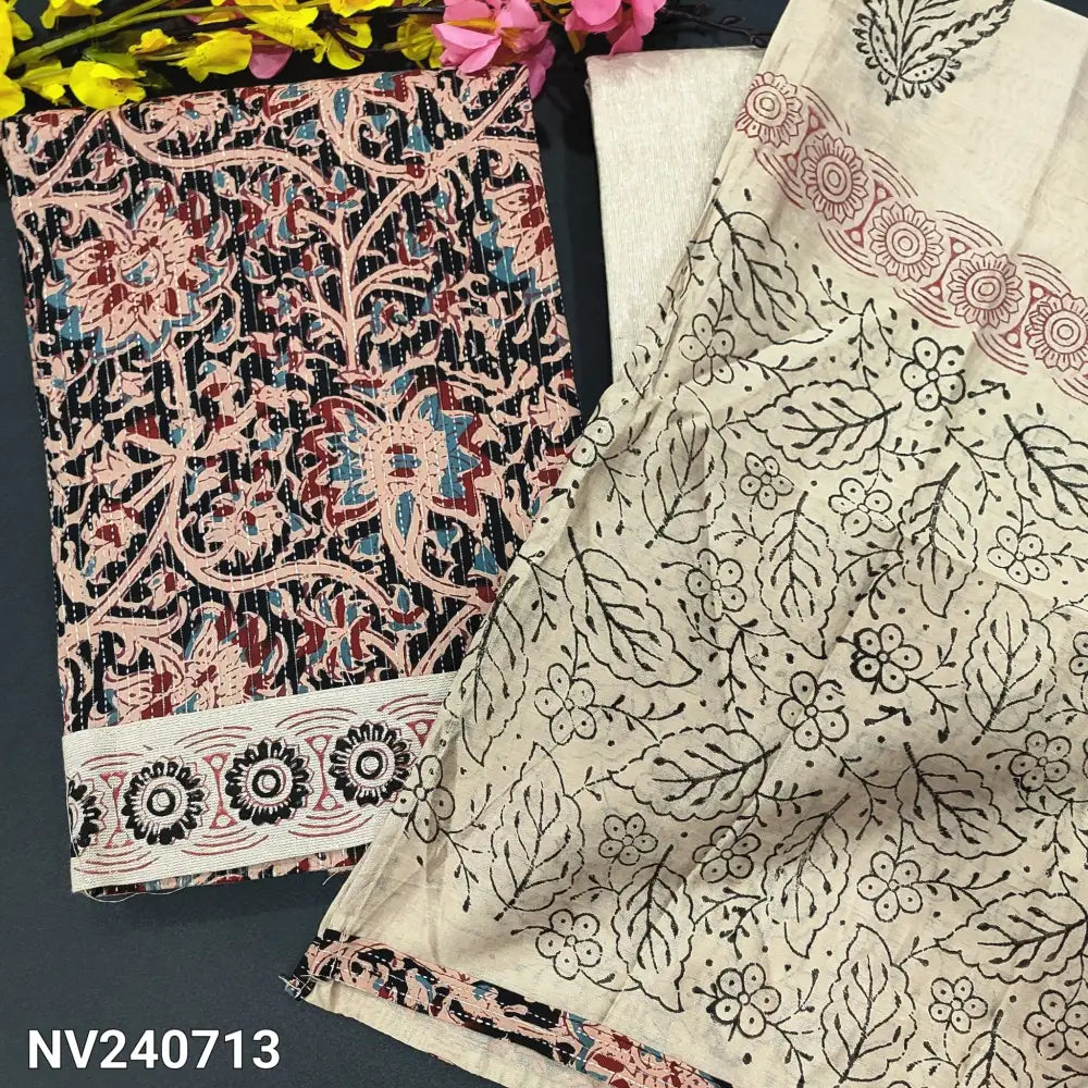 CODE NV240713: Black base kalamkari printed kantha cotton unstitched salwar material(lining optional)block printed