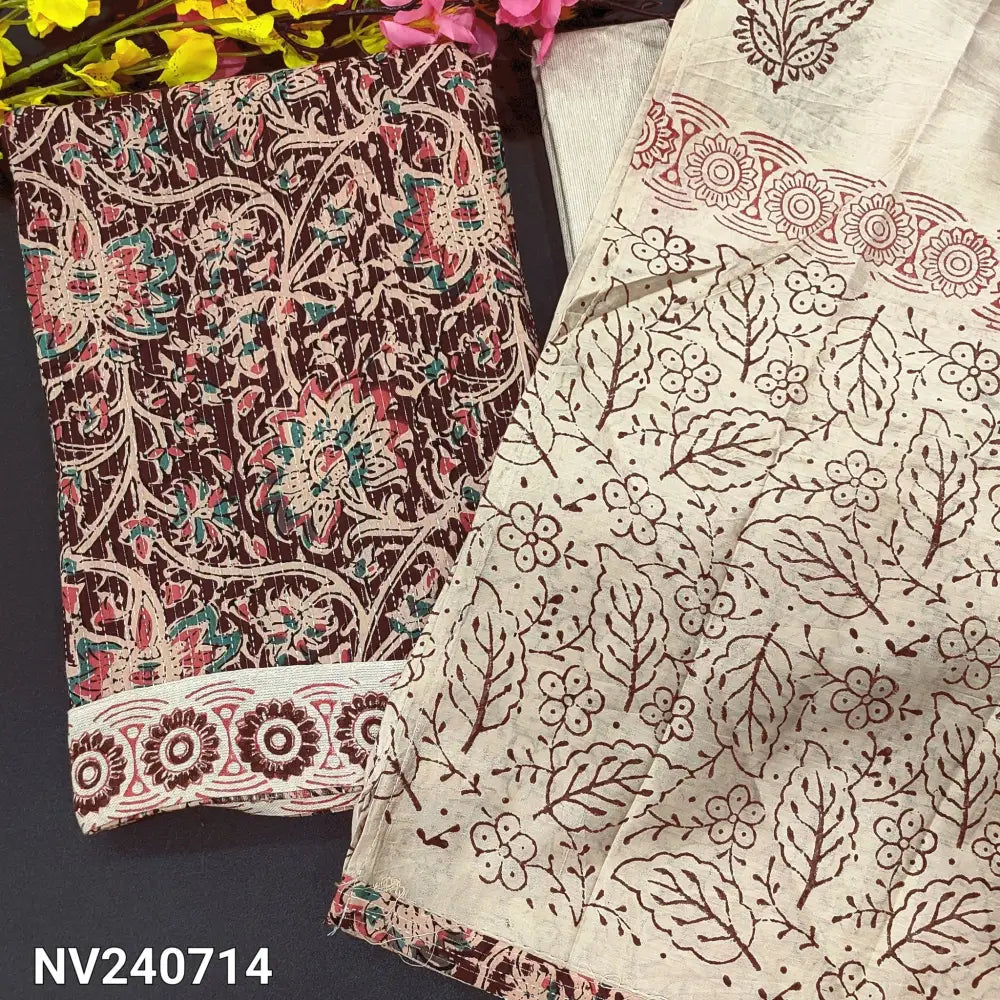 CODE NV240714: Wine purple base kalamkari printed kantha cotton unstitched salwar material(lining optional)block