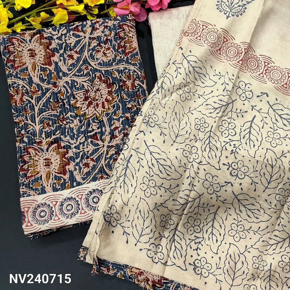 CODE NV240715: Blue base kalamkari printed kantha cotton unstitched salwar material(lining optional)block printed daman