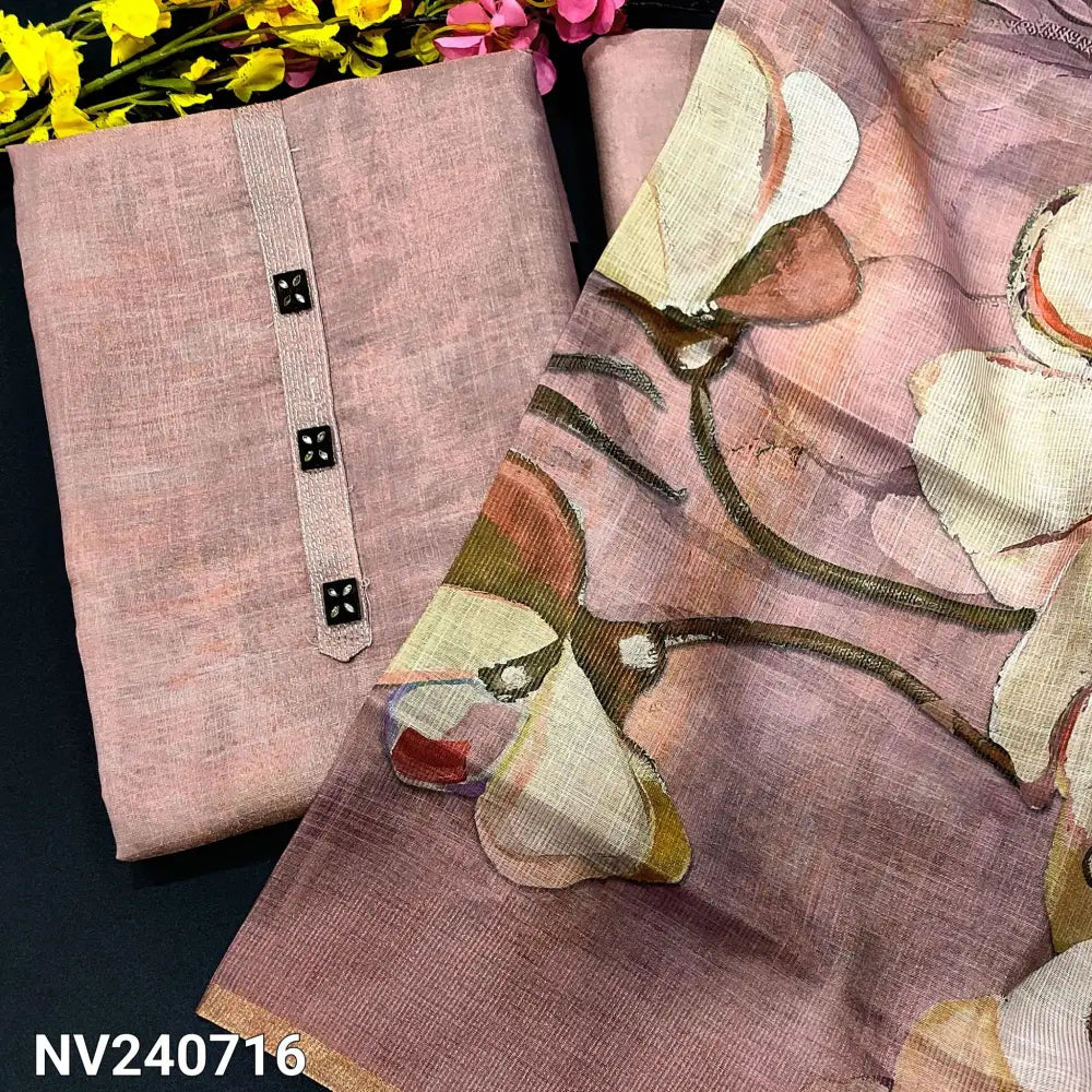 CODE NV240716: Pastel pink with golden tint tissue linen unstitched salwar material fancy buttons on yoke floral print