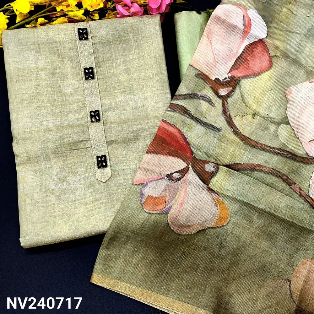 CODE NV240717: Pastel green with golden tint tissue linen unstitched salwar material fancy buttons on yoke floral print