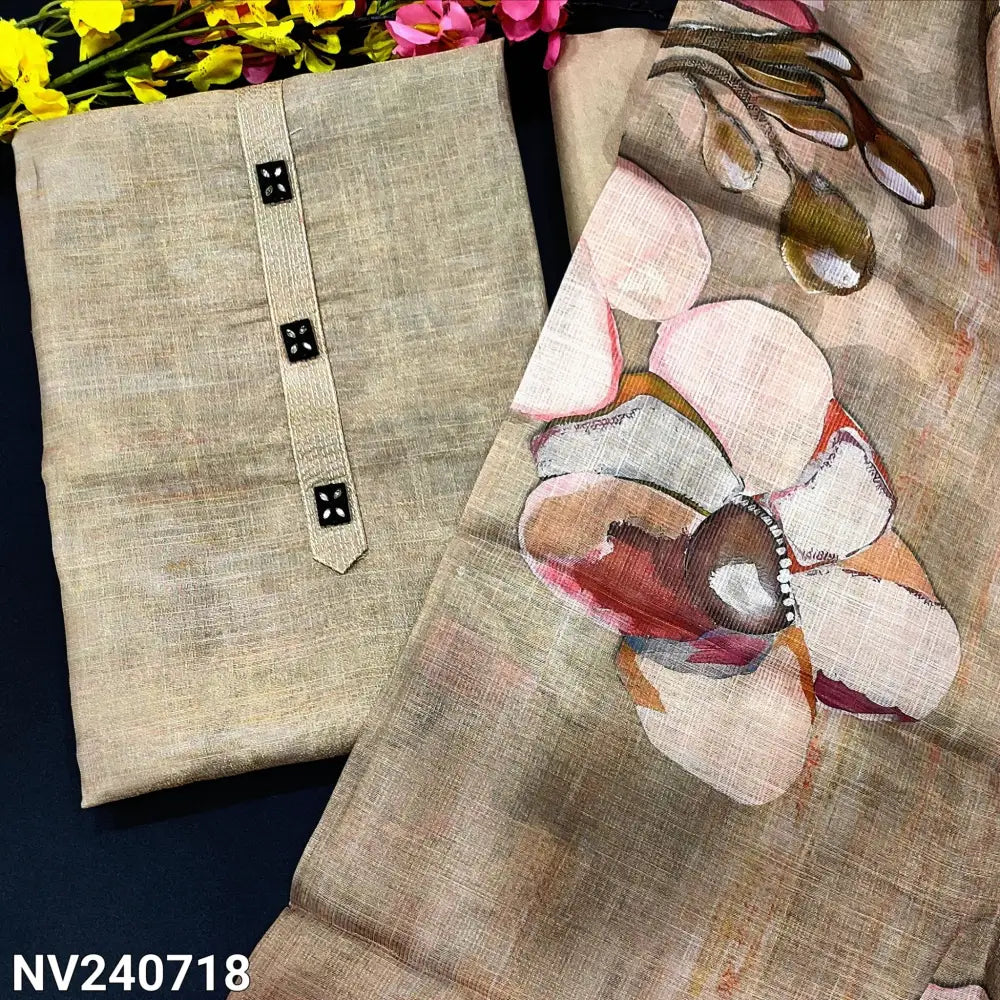 CODE NV240718: Greyish beige with golden tint tissue linen unstitched salwar material fancy buttons on yoke floral