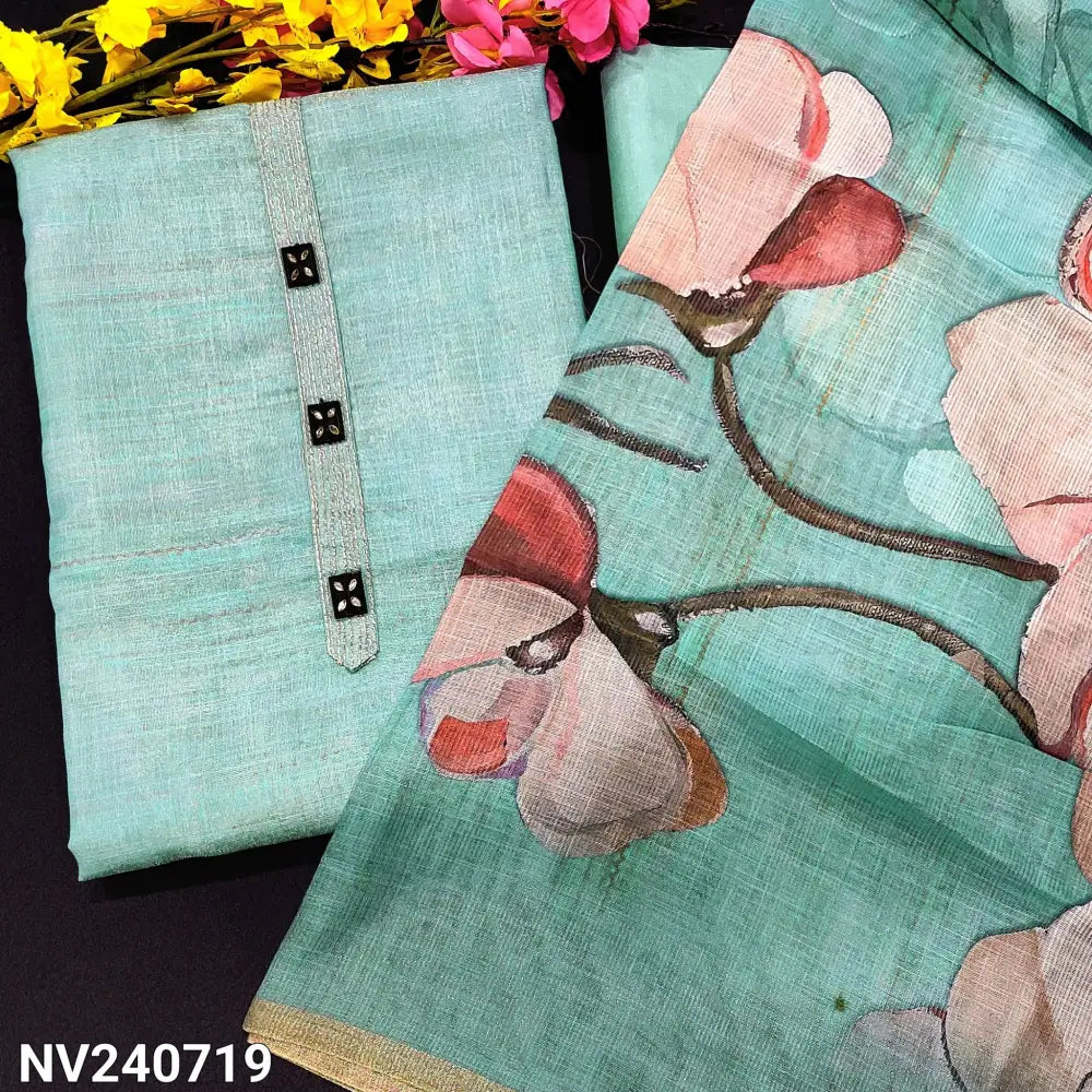 CODE NV240719: Pastel blue with golden tint tissue linen unstitched salwar material fancy buttons on yoke floral print