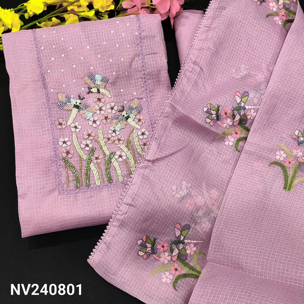 CODE NV240801: Lavender kota cotton unstitched salwar material heavy bead work on yoke(netted fabric lining