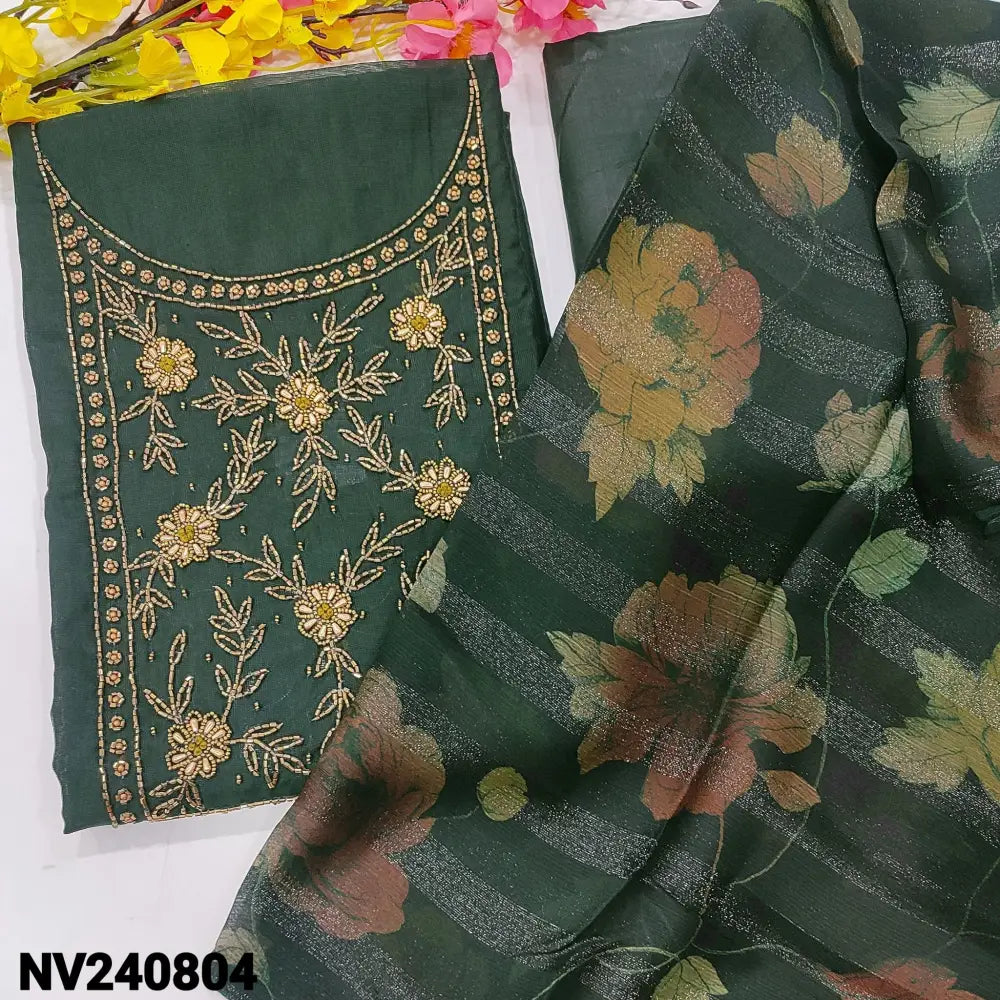 CODE NV240804: Dark green fancy silk cotton unstitched salwar material heavy bead work on yoke(lining needed)matching
