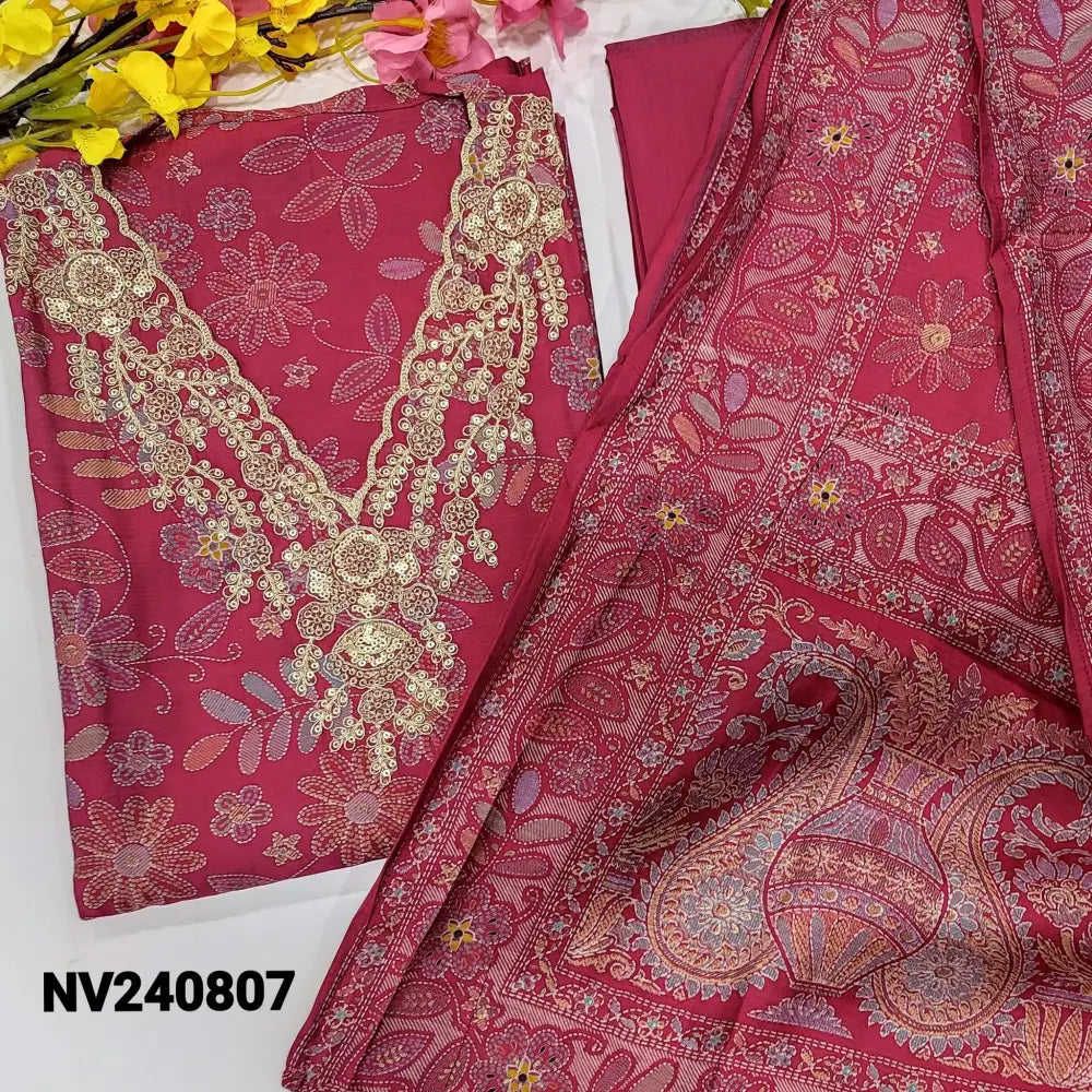 CODE NV240807: Dark pink printed premium silk cotton unstitched salwar material v neck with heavy zari& sequins