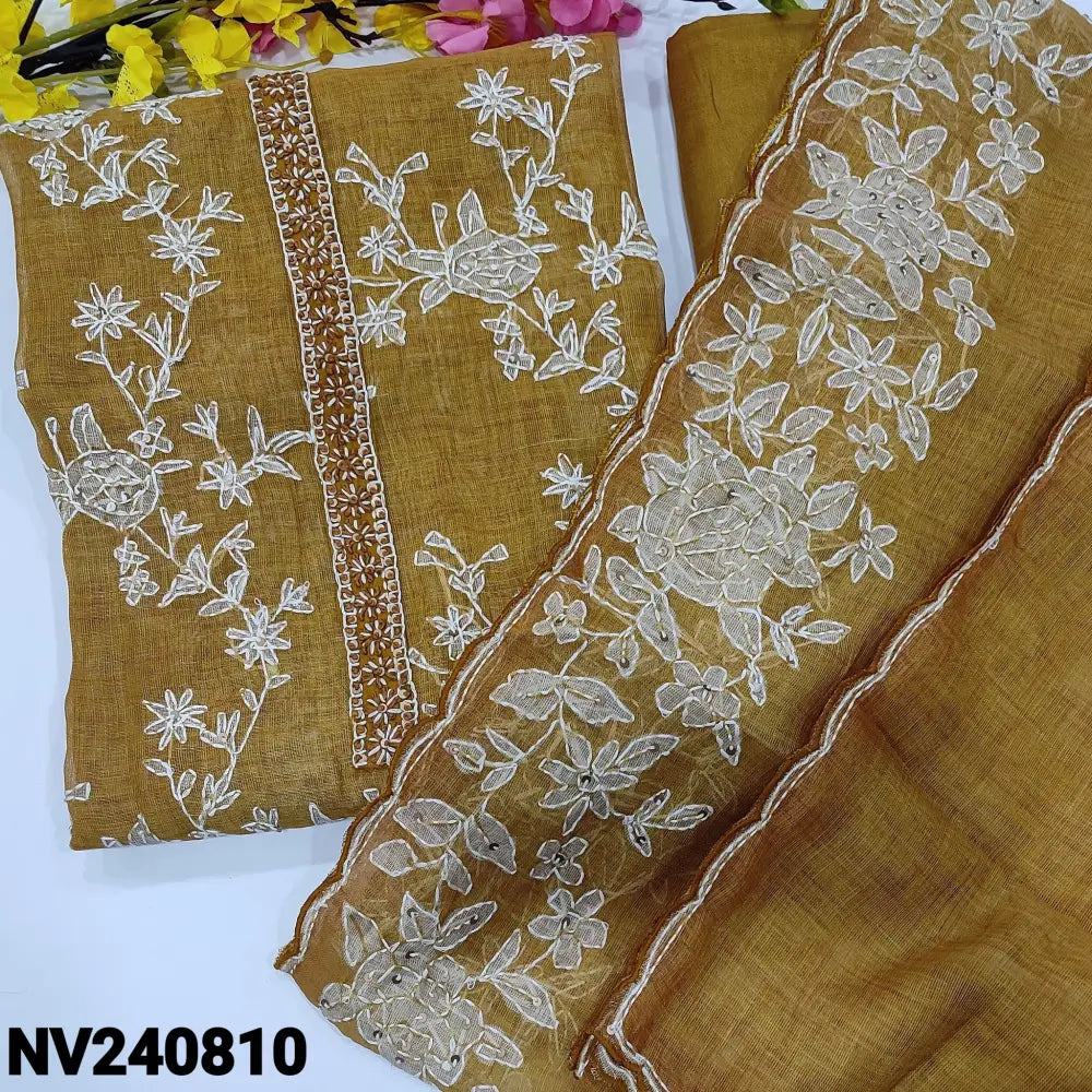 CODE NV240810: Bright mehandhi yellow with golden tint designer tissue linen unstitched salwar material thread& sequins
