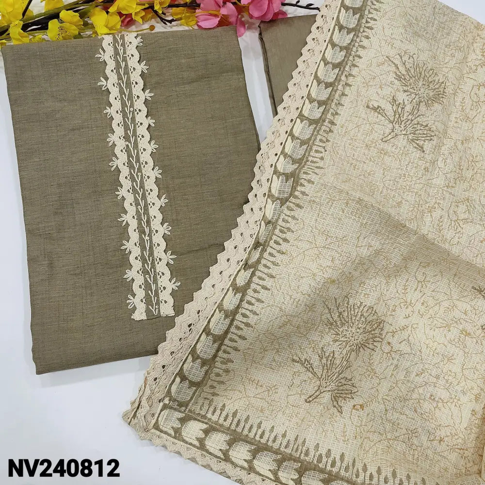 CODE NV240812: Light grey slub silk cotton unstitched salwar material thread& lace work on yoke(lining needed)matching
