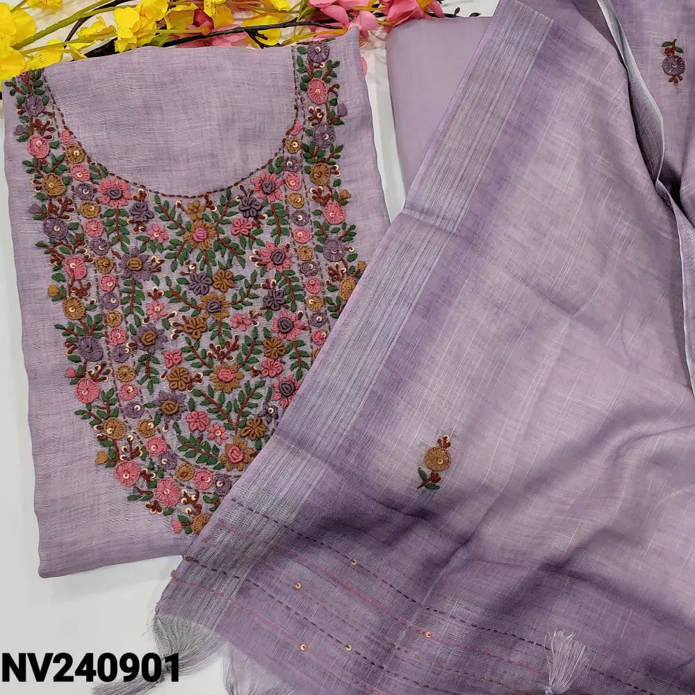 CODE NV240901: Lavender pure linen unstitched salwar material heavy hand embroidered on yoke floral embroidered