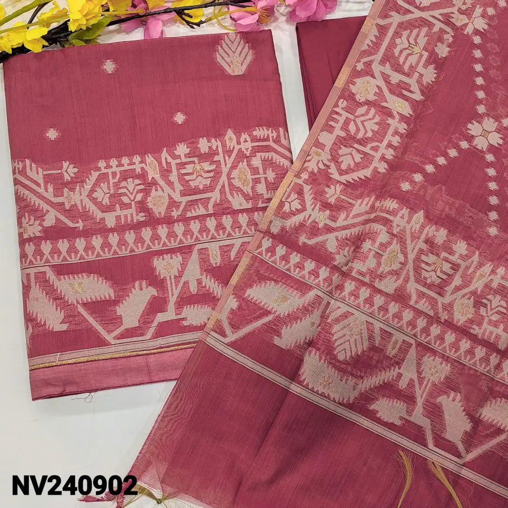 CODE NV240902: Pink jamdani woven premium silk cotton unstitched salwar material(thin fabric lining needed)matching