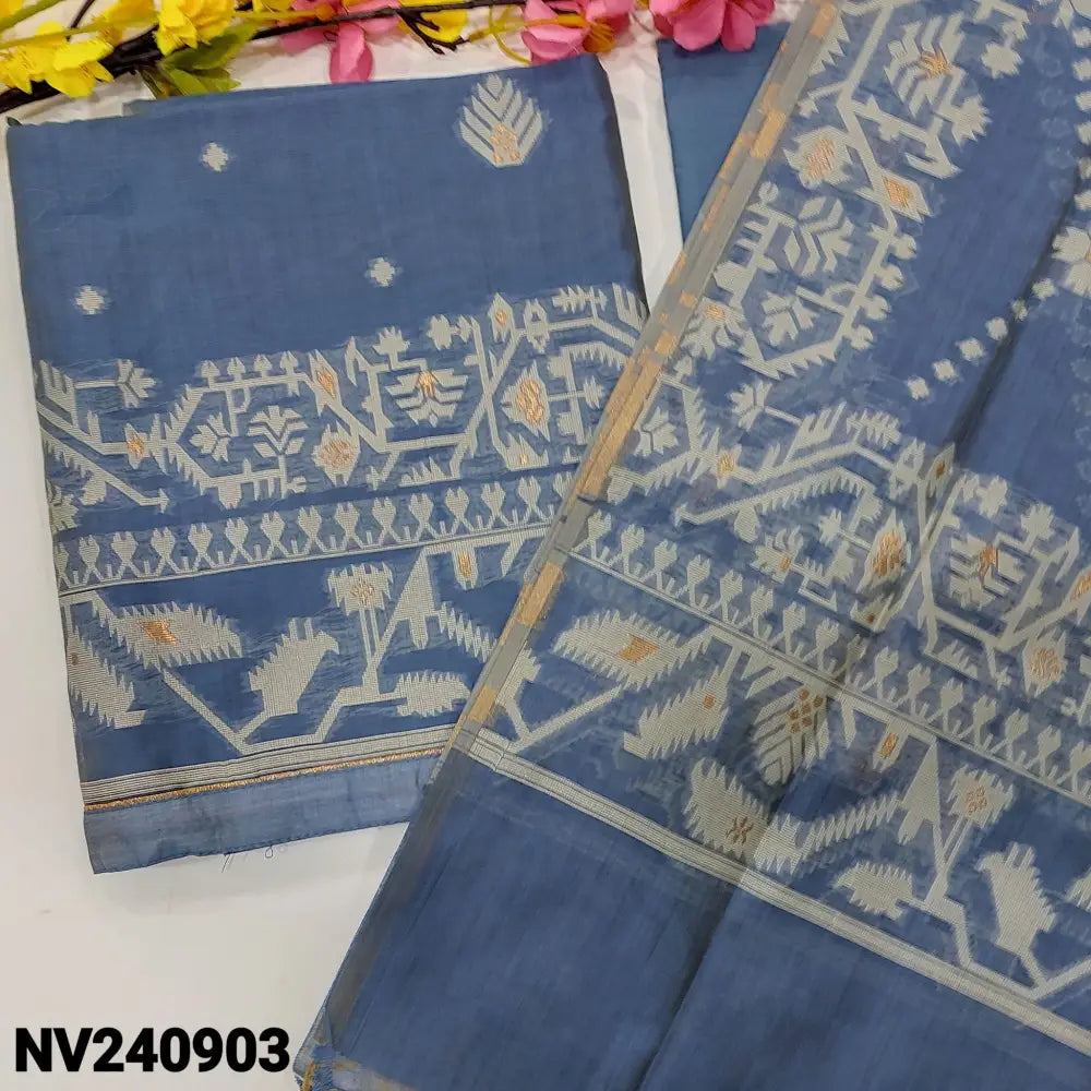 CODE NV240903: Blue jamdani woven premium silk cotton unstitched salwar material(thin fabric lining needed)matching