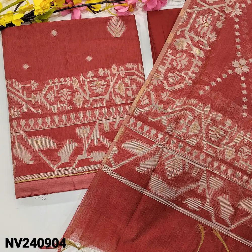 CODE NV240904: Reddish maroon jamdani woven premium silk cotton unstitched salwar material(thin fabric lining
