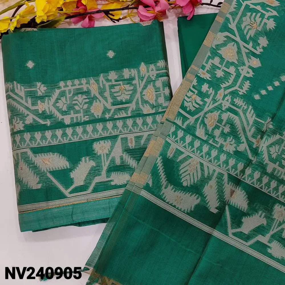 CODE NV240905: Turquoise green jamdani woven premium silk cotton unstitched salwar material(thin fabric lining