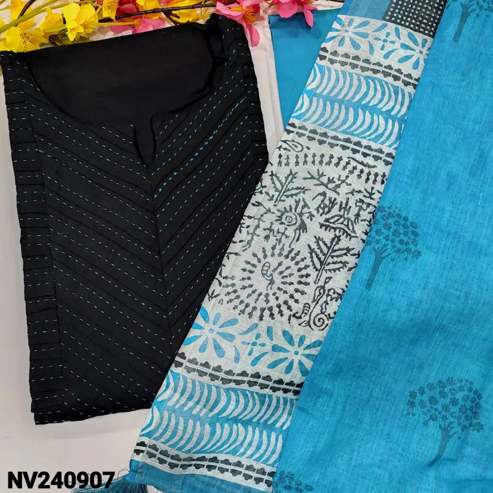 CODE NV240907: Black soft silk cotton unstitched salwar material pintex &kantha stitch work on yoke& front(lining