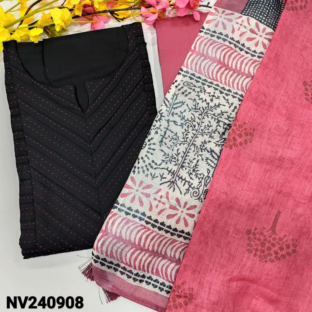 CODE NV240908: Black soft silk cotton unstitched salwar material pintex &kantha stitch work on yoke& front(lining