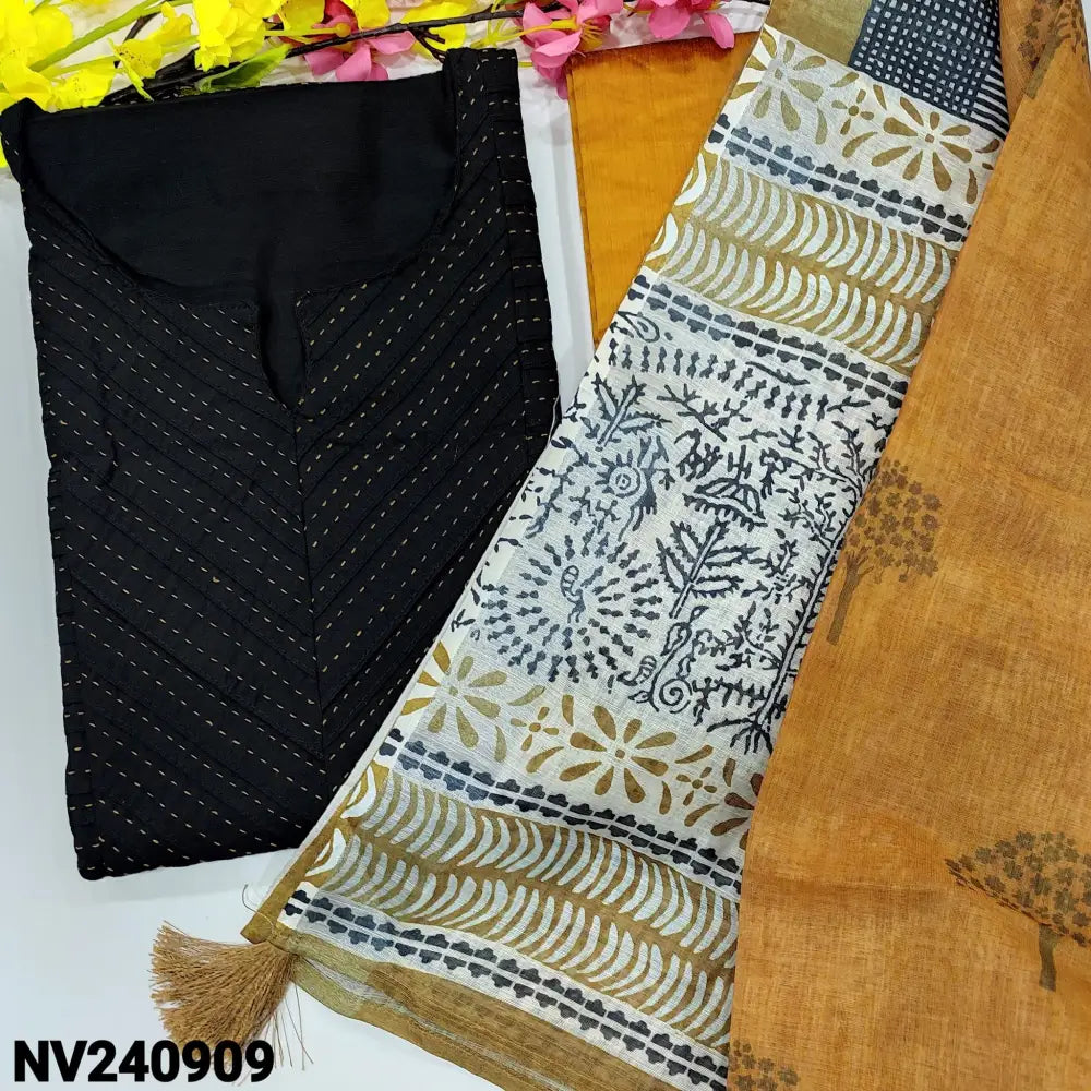 CODE NV240909: Black soft silk cotton unstitched salwar material pintex &kantha stitch work on yoke& front(lining