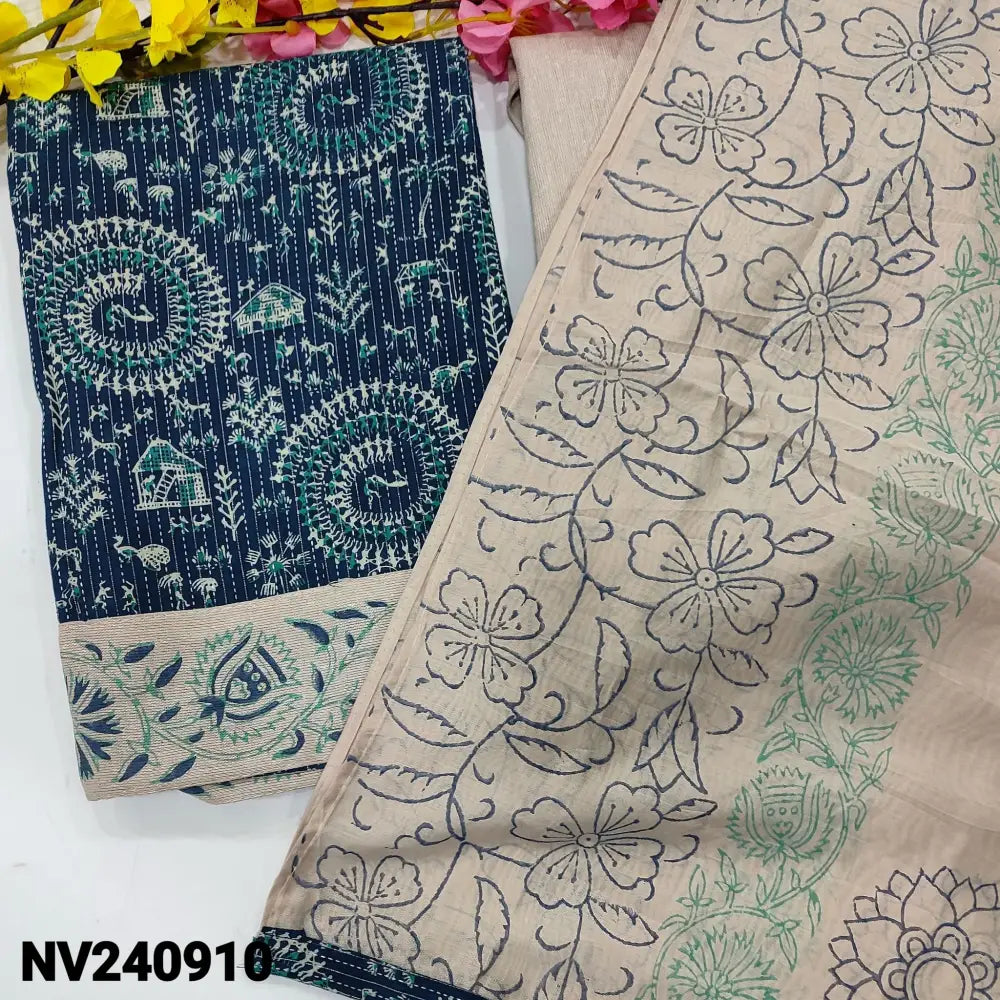 CODE NV240910: Blue warli printed kantha cotton unstitched salwar material(lining optional)bock printed daman jute flex