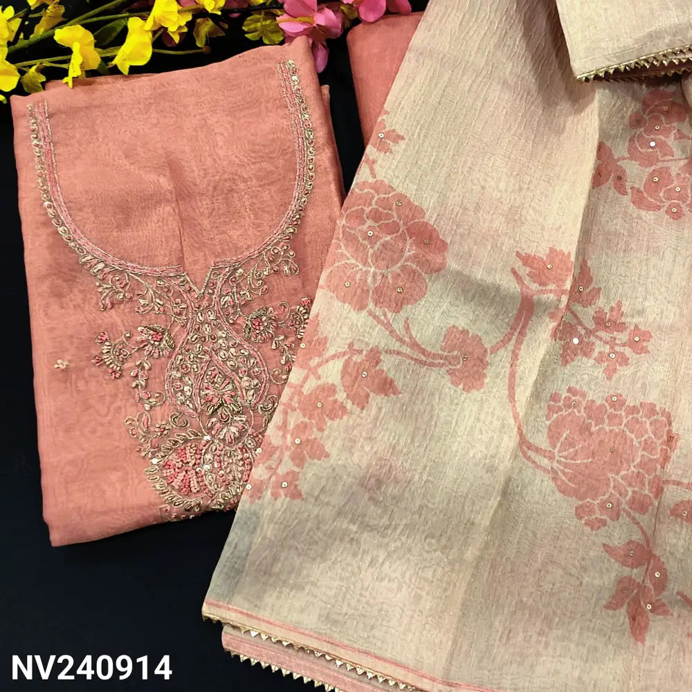 CODE NV240914: Pink with golden tint tissue silk cotton unstitched salwar material heavy embroidered on yoke(thin