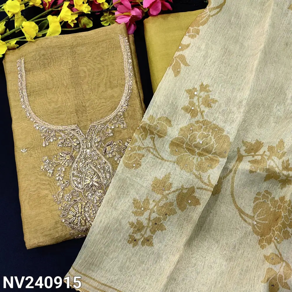 CODE NV240915: Golden beige tissue silk cotton unstitched salwar material heavy embroidered on yoke(thin fabric lining