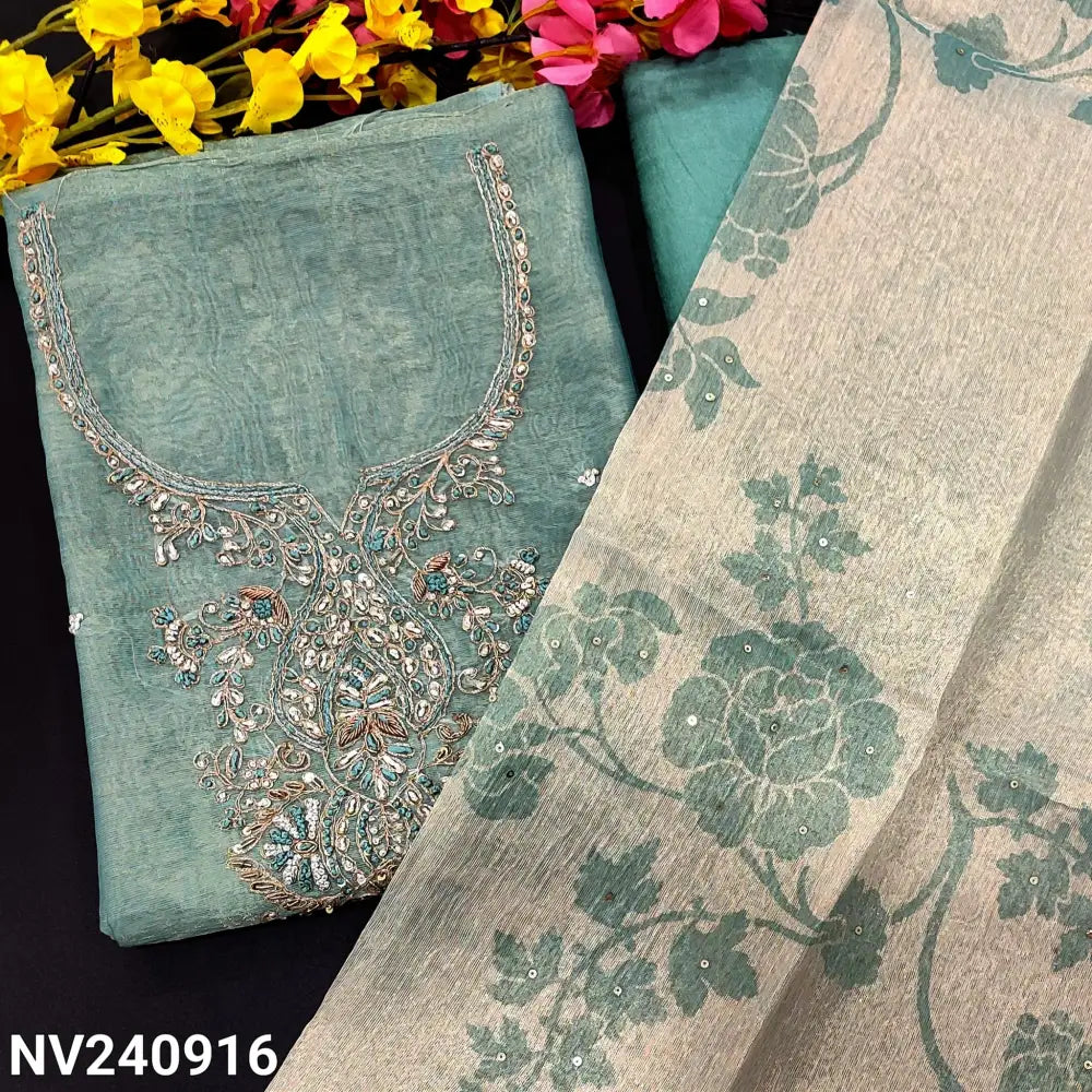 CODE NV240916: Pastel blue with golden tint tissue silk cotton unstitched salwar material heavy embroidered
