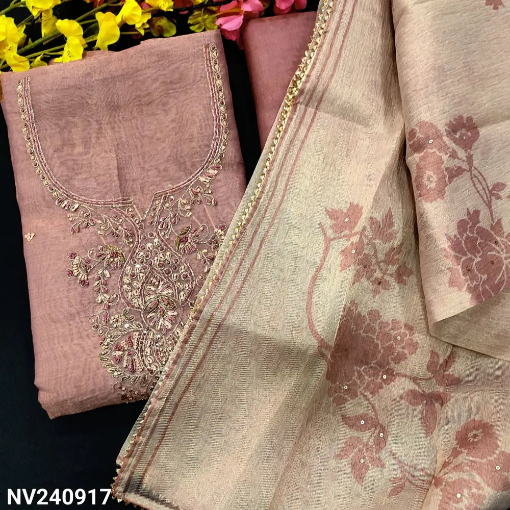 CODE NV240917: Light purple with golden tint tissue silk cotton unstitched salwar material heavy embroidered