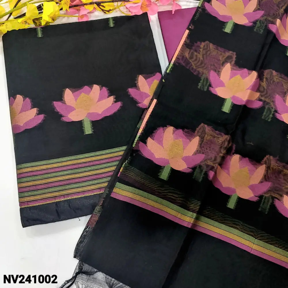 CODE NV241002: Black jamdani woven premium silk cotton unstitched salwar material(thin fabric lining needed)purple