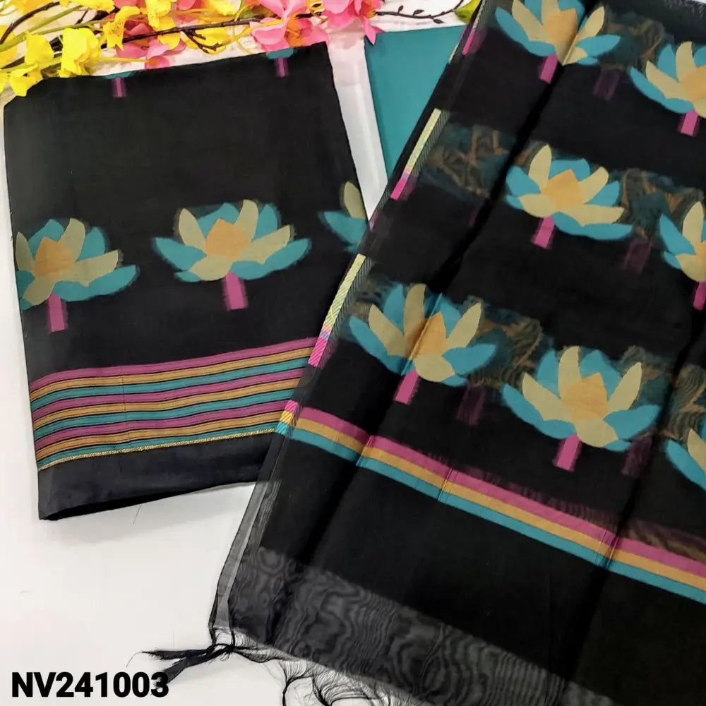 CODE NV241003: Black jamdani woven premium silk cotton unstitched salwar material(thin fabric lining needed)teal green