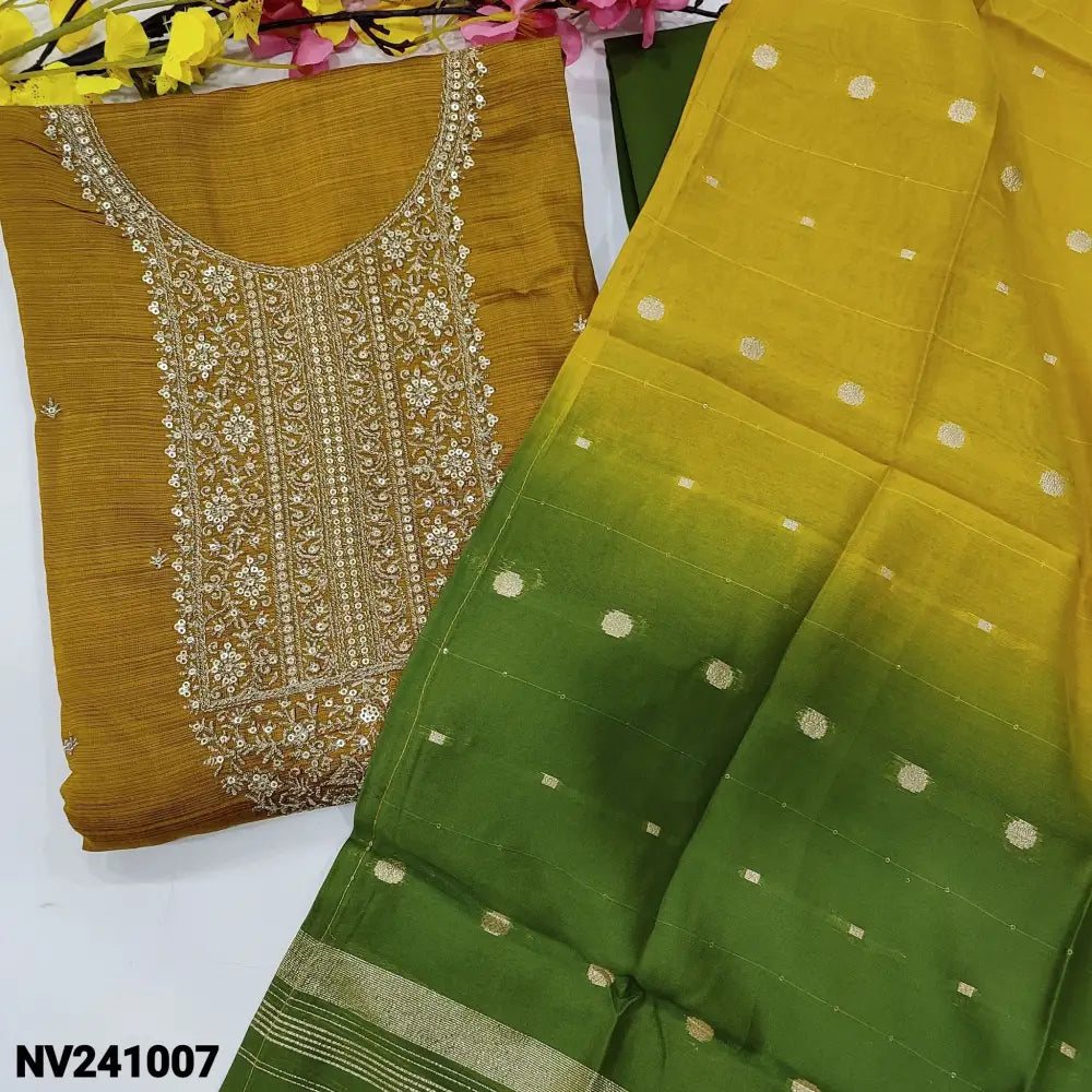 CODE NV241007: Mehandhi yellow soft spun silk cotton semi stitched salwar material heavy zari &sequins work