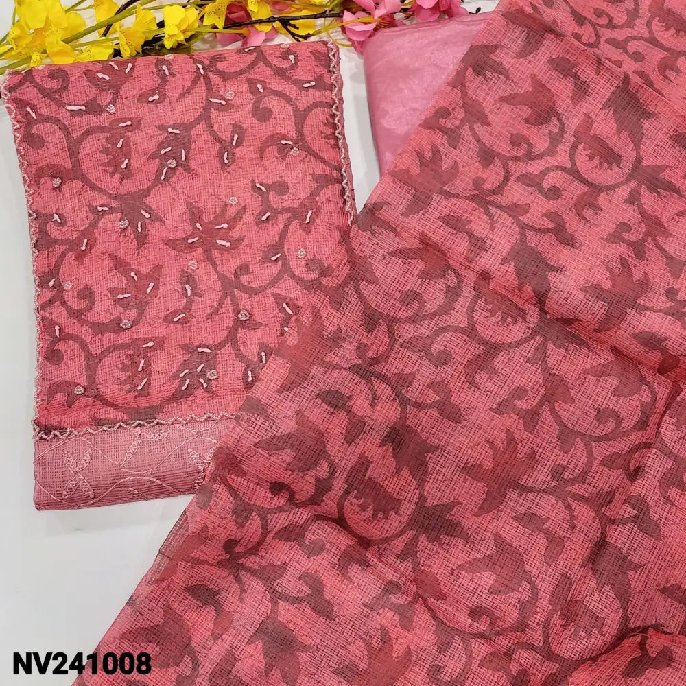 CODE NV241008: Light pink self embroidered fancy super net unstitched salwar material batik dyed& bead work