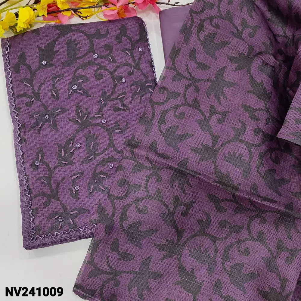 CODE NV241009: Dark purple self embroidered fancy super net unstitched salwar material batik dyed& bead work