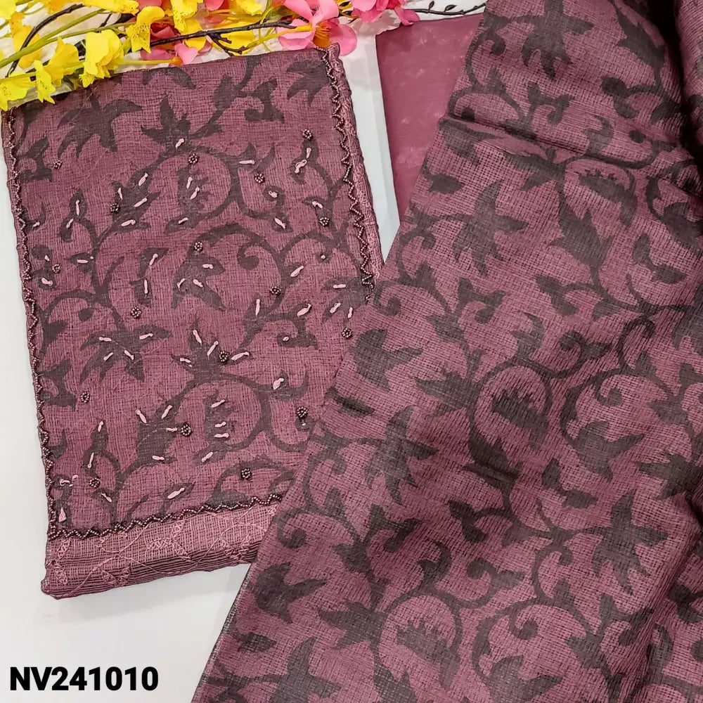 CODE NV241010: Dark onion pink self embroidered fancy super net unstitched salwar material batik dyed& bead work