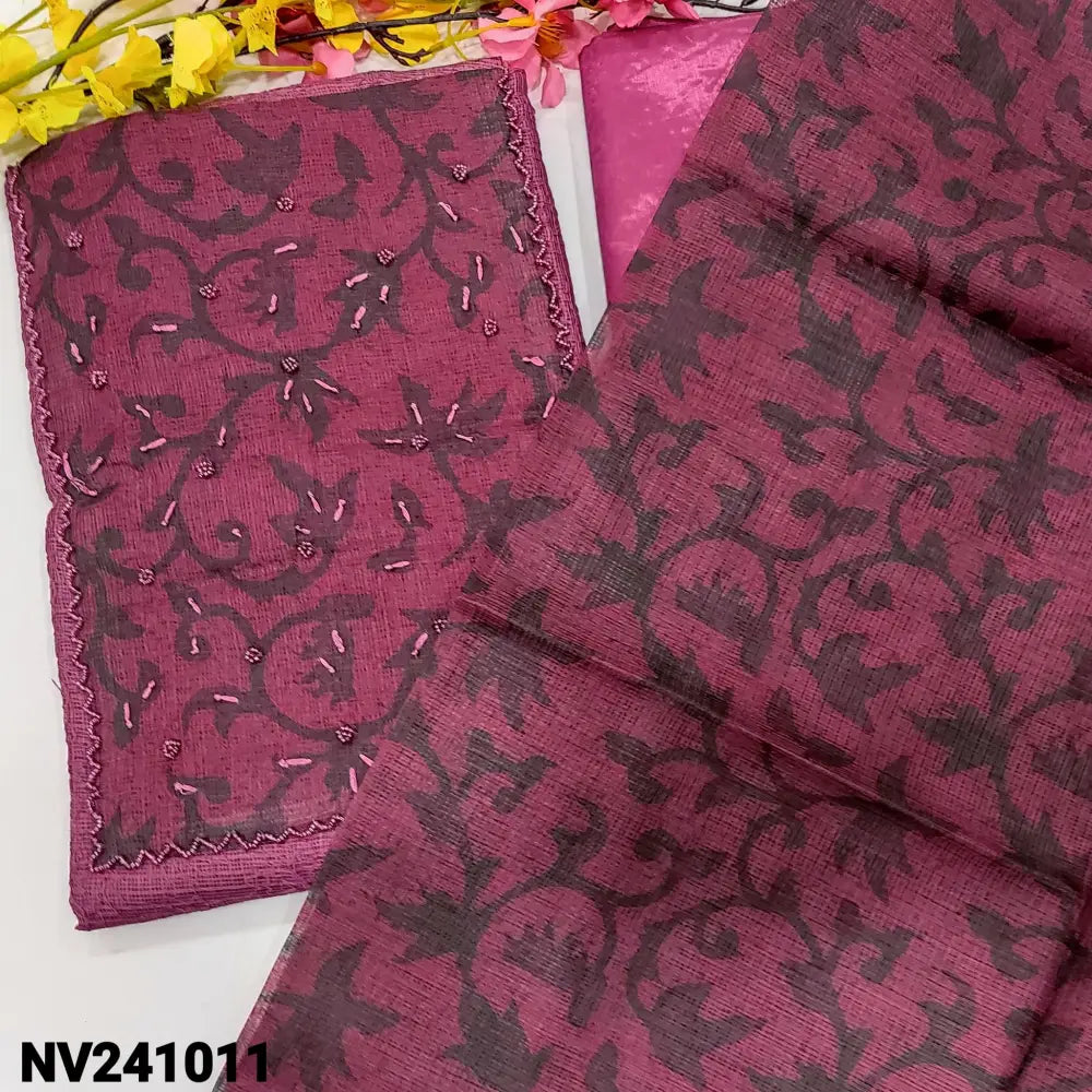 CODE NV241011: Light beetroot purple self embroidered fancy super net unstitched salwar material batik dyed& bead work