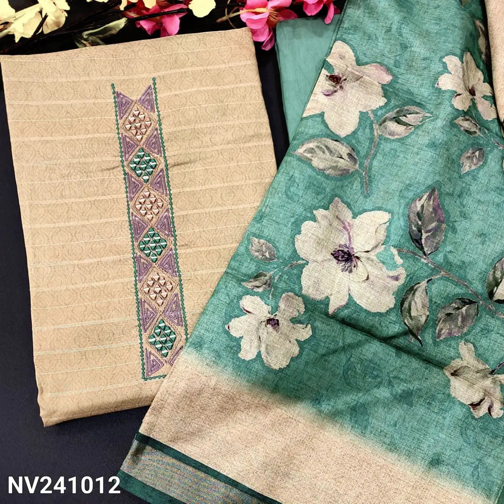CODE NV241012: Beige sobar printed semi gicha unstitched salwar material embroidered& real mirror work on yoke self
