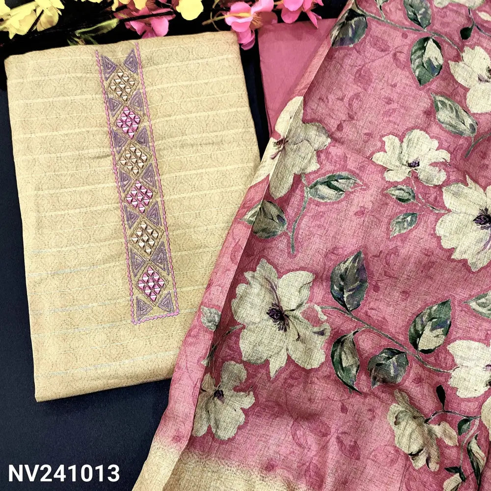 CODE NV241013: Beige sobar printed semi gicha unstitched salwar material embroidered& real mirror work on yoke self