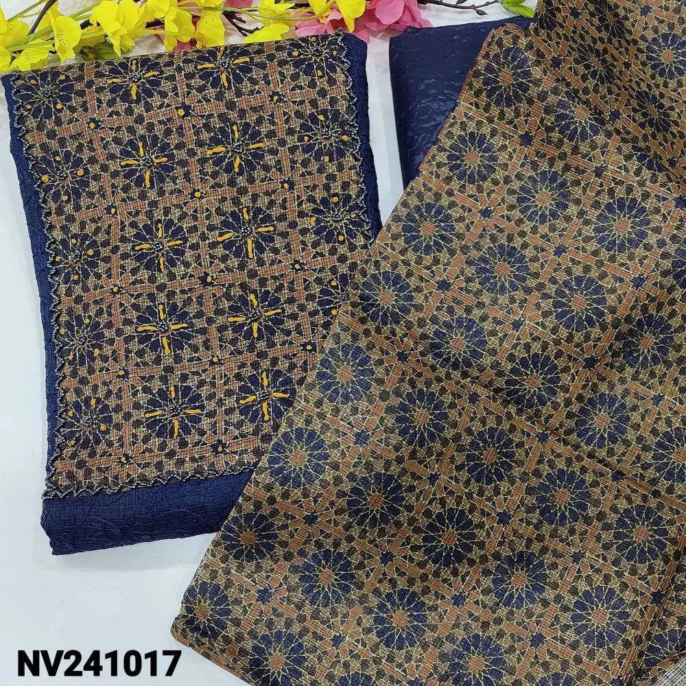 CODE NV241017: Dark blue fancy super net unstitched salwar material ajrak printed& bead work on yoke(netted fabric