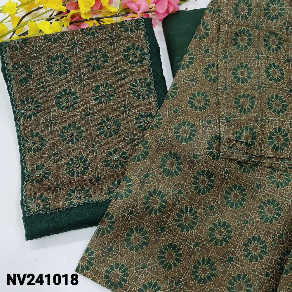 CODE NV241018: Dark green fancy super net unstitched salwar material ajrak printed& bead work on yoke(netted fabric