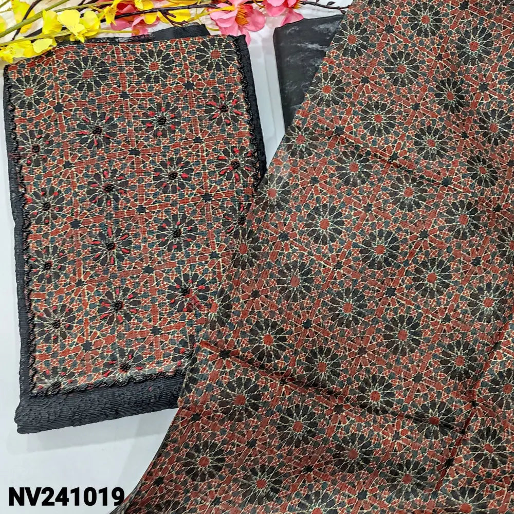 CODE NV241019: Black fancy super net unstitched salwar material ajrak printed& bead work on yoke(netted fabric lining