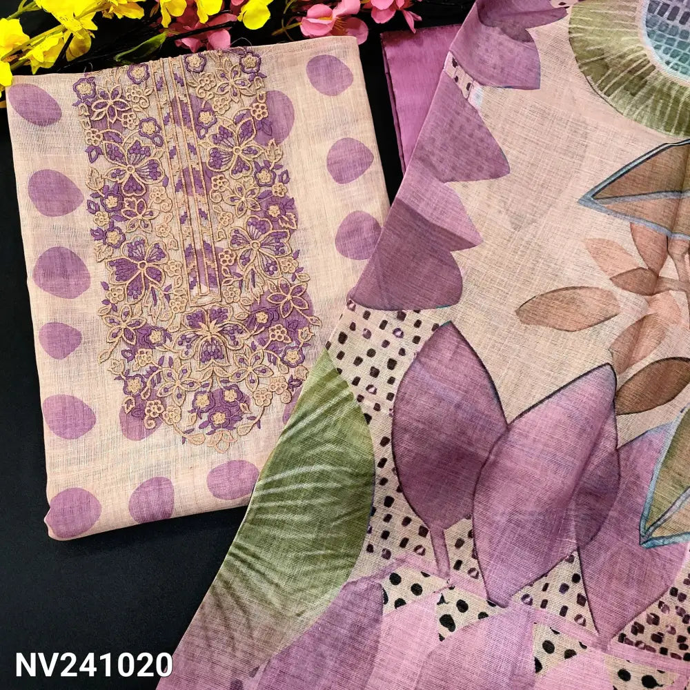 CODE NV241020: Beige base semi linen unstitched salwar material embroidered on yoke polka dots all over(thin fabric