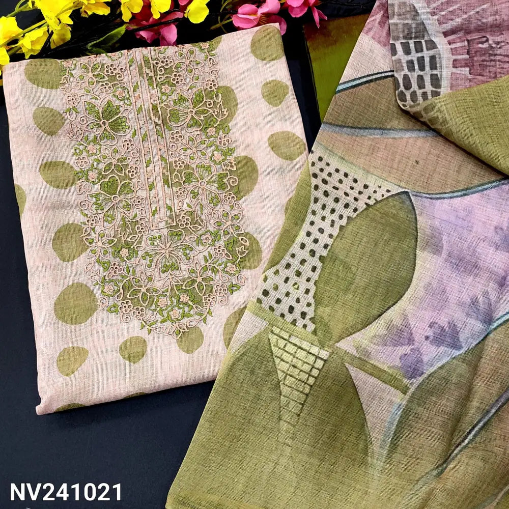 CODE NV241021: Beige base semi linen unstitched salwar material embroidered on yoke polka dots all over(thin fabric