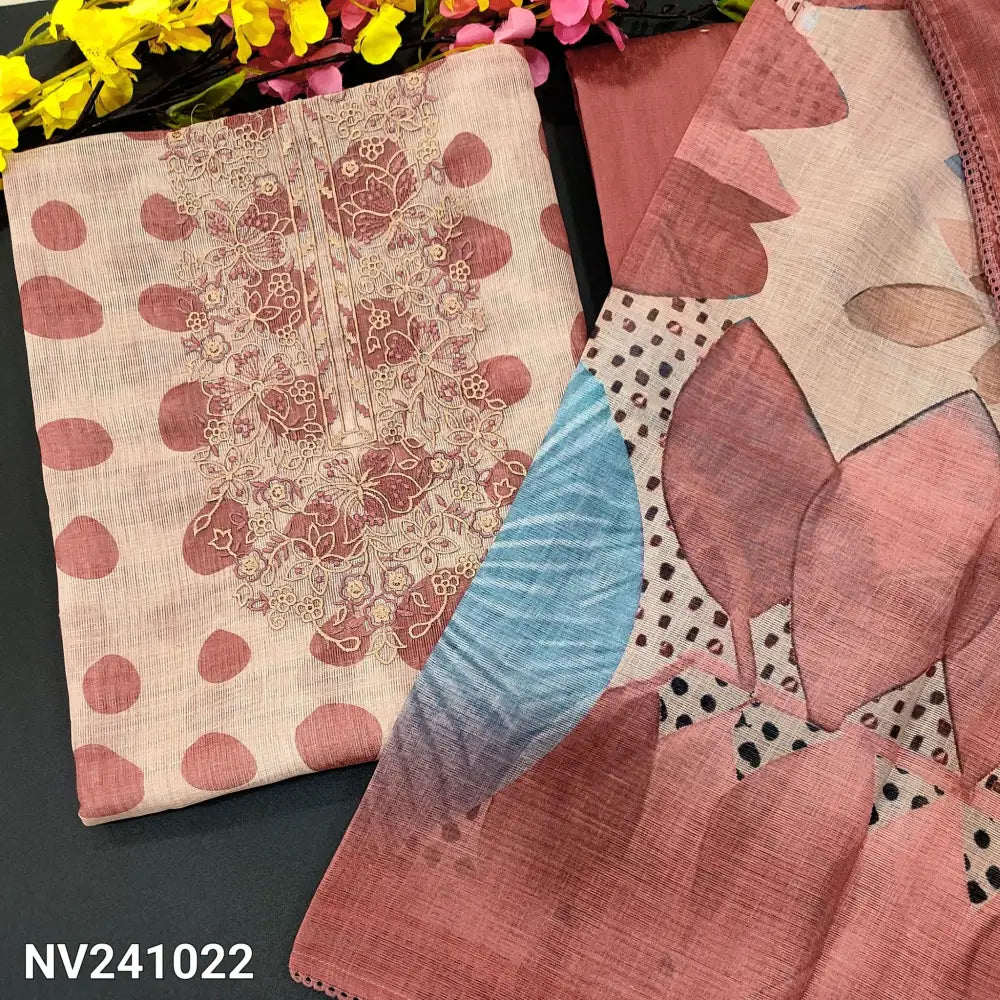 CODE NV241022: Beige base semi linen unstitched salwar material embroidered on yoke polka dots all over(thin fabric