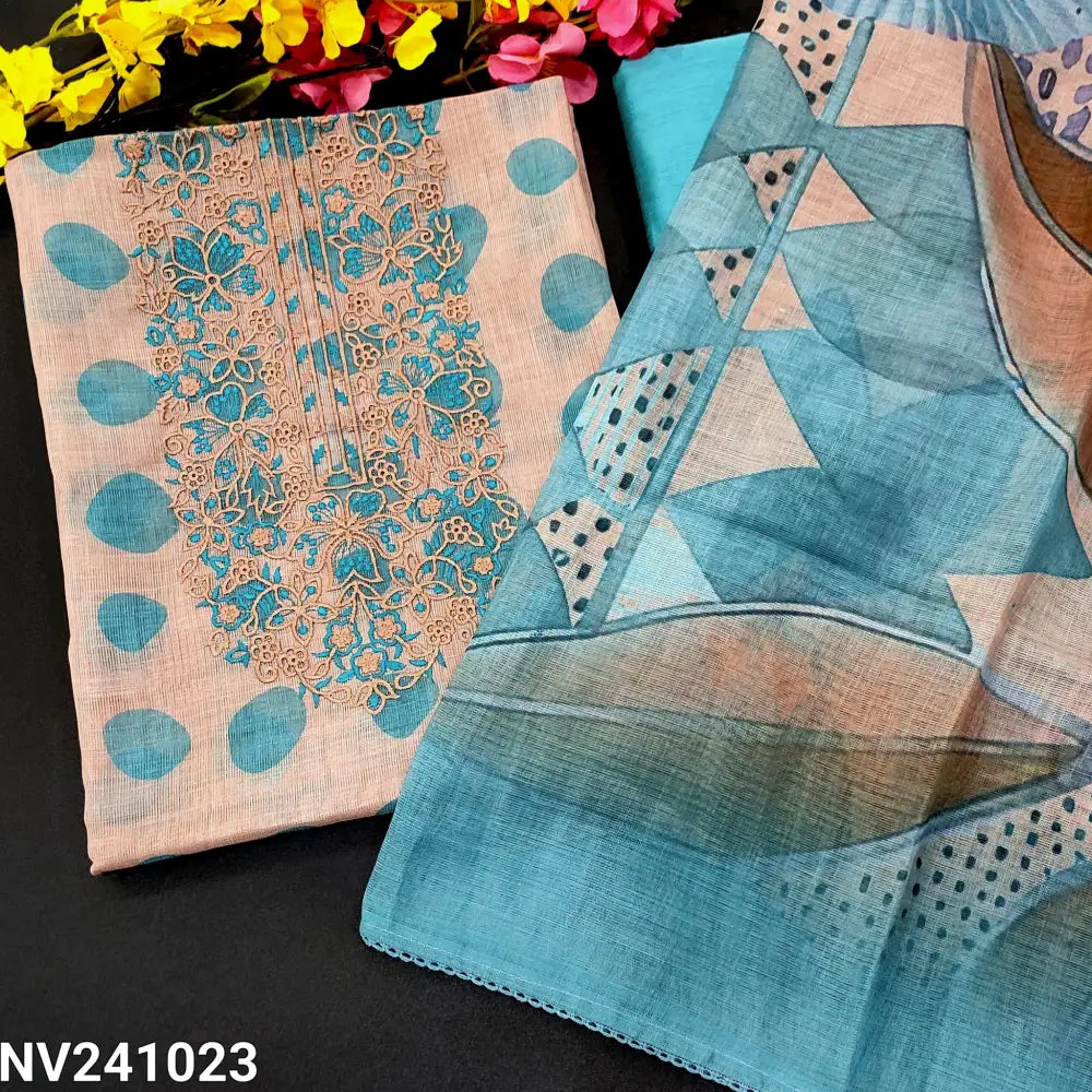 CODE NV241023: Beige base semi linen unstitched salwar material embroidered on yoke polka dots all over(thin fabric