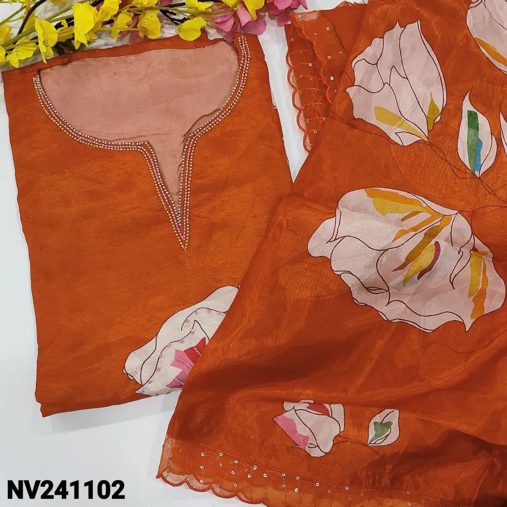CODE NV241102: Orange designer printed russian silk unstitched salwar material bead work on yoke(thin fabric lining