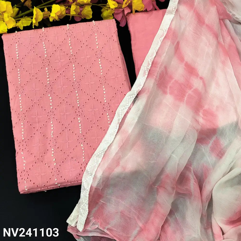 CODE NV241103: Baby pink schiffli embroidered cotton unstitched salwar material thread work on yoke(lining