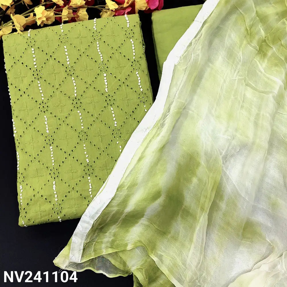 CODE NV241104: Bright green schiffli embroidered cotton unstitched salwar material thread work on yoke(lining