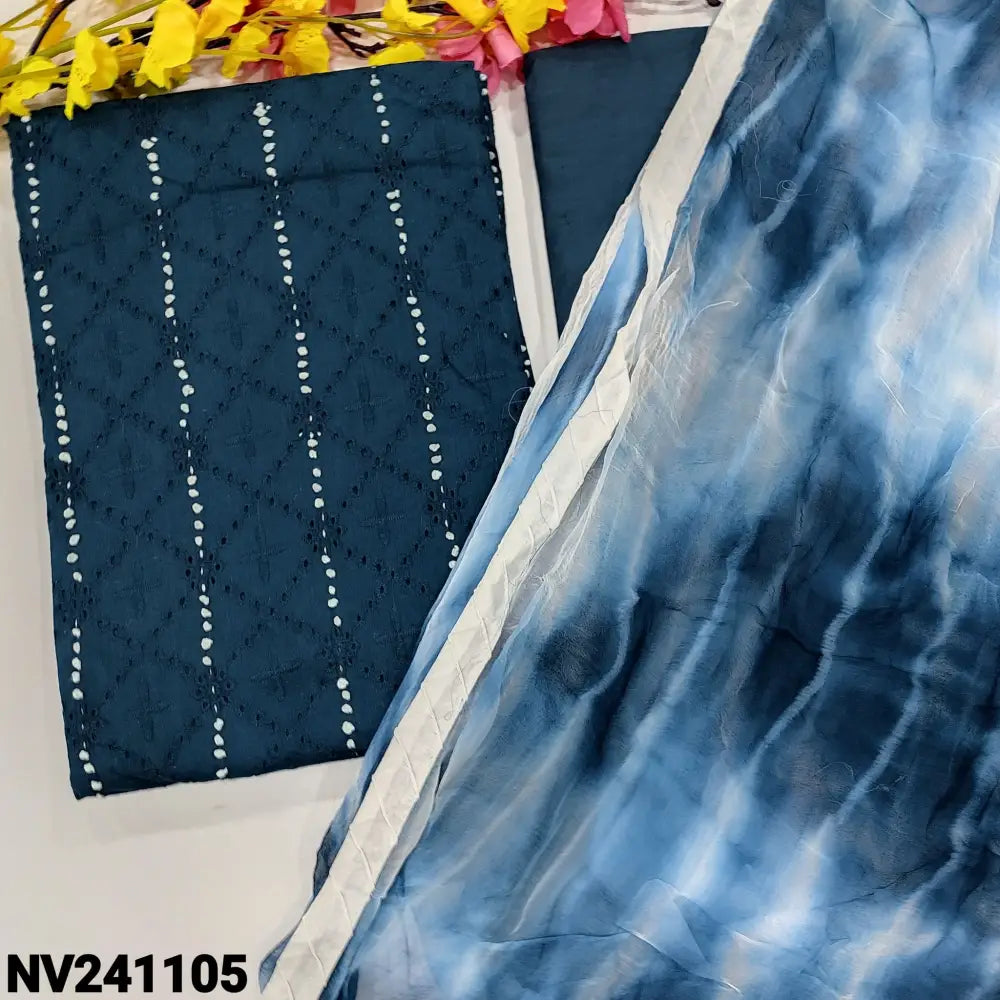 CODE NV241105: Dark teal blue schiffli embroidered cotton unstitched salwar material thread work on yoke(lining