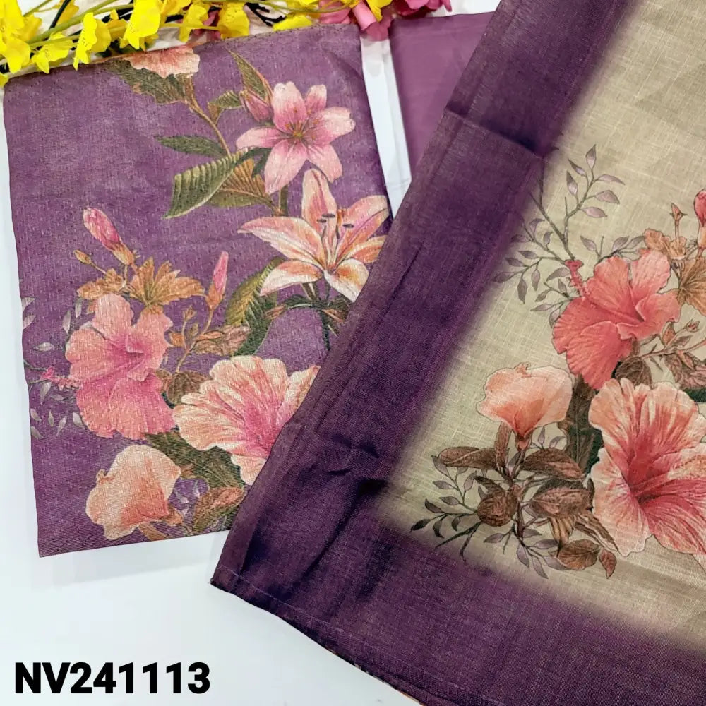 CODE NV241113: Purple fancy digital printed jakard tissue silk cotton unstitched salwar material(thin fabric lining
