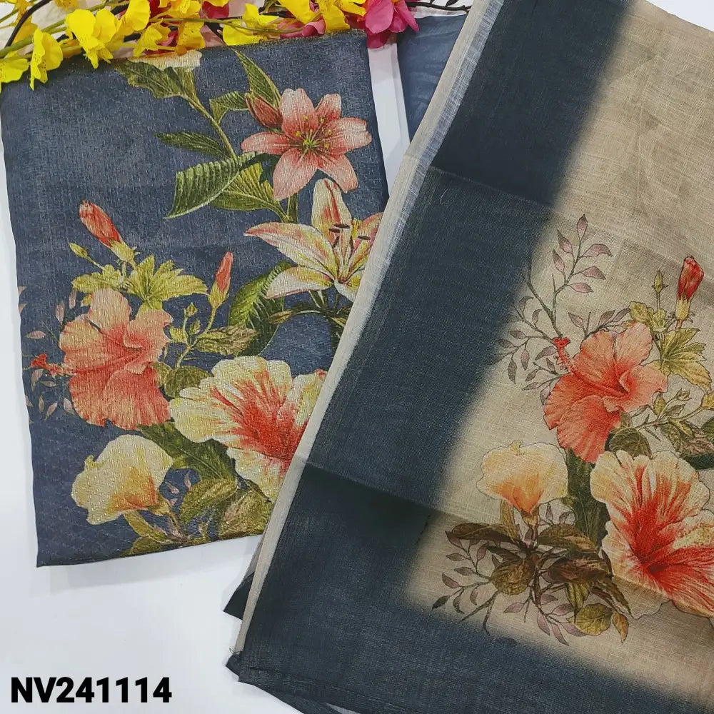 CODE NV241114: Bluish grey fancy digital printed jakard tissue silk cotton unstitched salwar material(thin fabric